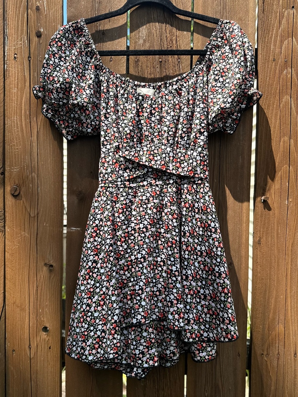 Altar'd State Black Floral Puff-Sleeve Romper with Pink & White Flowers
